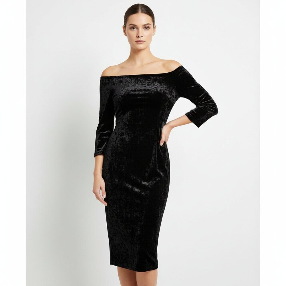Eliza J Black Velvet Off The Shoulder Midi Sheath Dress 20W Plus Size Stretch